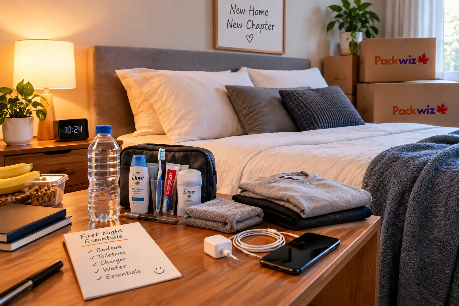 Essentials box with toiletries, paper towels, snacks, chargers, and other items for the first day in a new home