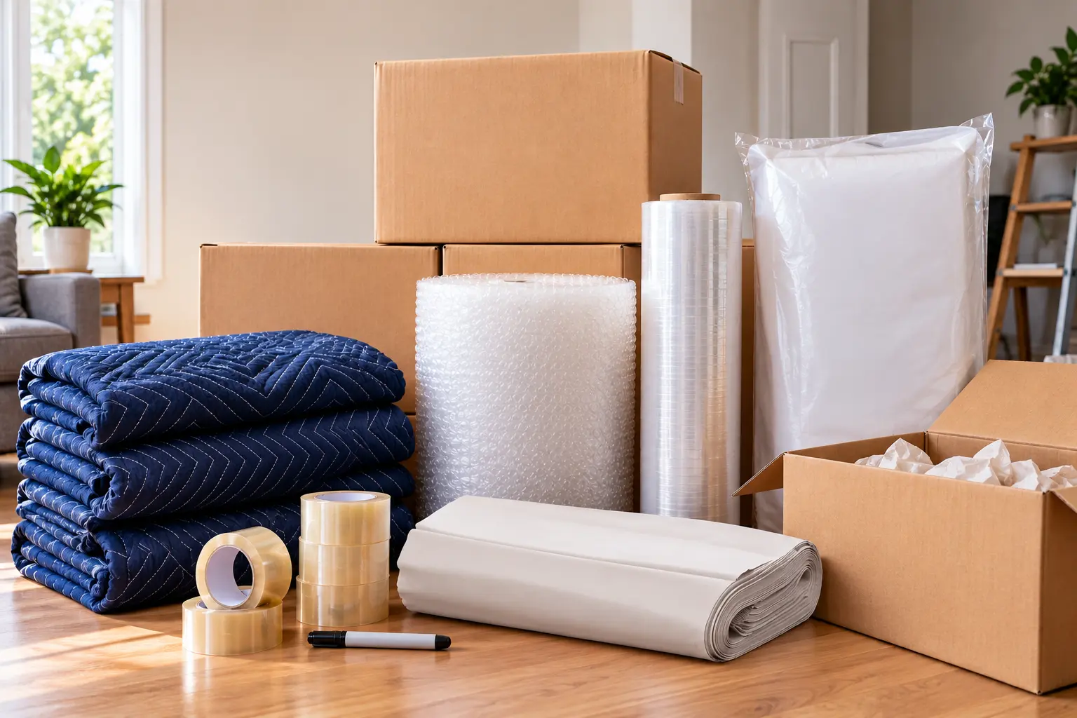 Moving boxes, packing tape, bubble wrap, packing paper, mattress bags, and other moving supplies