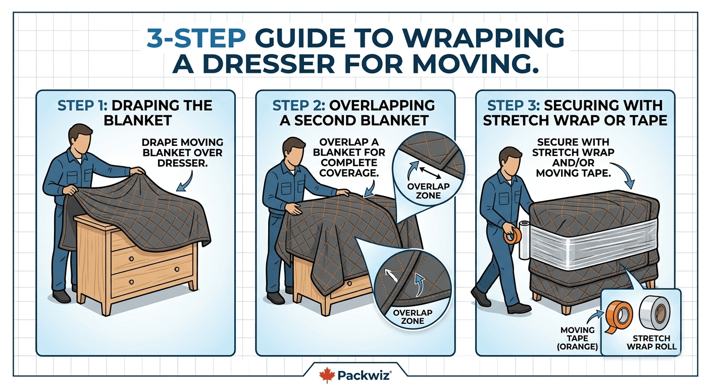 3-step guide for wrapping a dresser: draping, overlapping blankets, and securing with stretch wrap