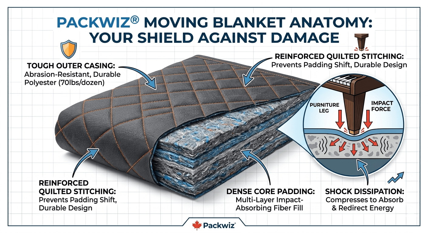 Infographic showing Packwiz moving blanket anatomy including quilted stitching and core padding layers
