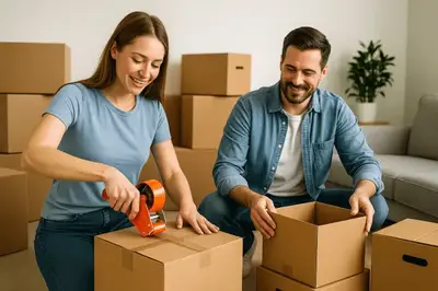 Stack of high-quality corrugated moving boxes and packing tape